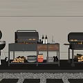 Outdoor Grilling Setup With Different Grills Grilled Burgers Firewood And Seasoning Bottles