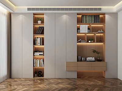 Modern Bookcase Interior Design With Shelves Plants Lighting And Decorative Items 3d model