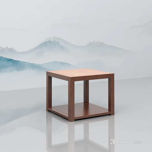 Wooden Square Side Table With Lower Shelf Against Mountain Landscape Backdrop 3d model 