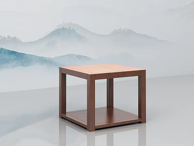 Wooden Square Side Table With Lower Shelf Against Mountain Landscape Backdrop 3d model