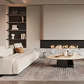 Elegant Modern Living Room Interior With Fireplace Sofa Coffee Table Armchair And Bookshelf