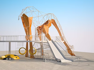Large Orange Geometric Metal Frame Playground Equipment With Slide And Climbing Rings 3d model