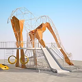 Large Orange Geometric Metal Frame Playground Equipment With Slide And Climbing Rings