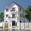 White Three Story Detached Villa With Dark Roof Tiles Gate Fence And Green Trees