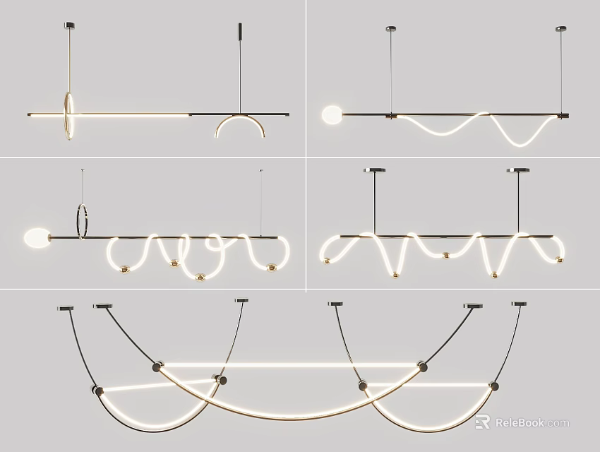 Modern Chandelier Designs with Curved Lines Ring Shapes and Metal Frames 3d model 
