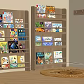 Wooden Shelves Filled With Colorful Children's Books In Cozy Kids Room With Lion Rug