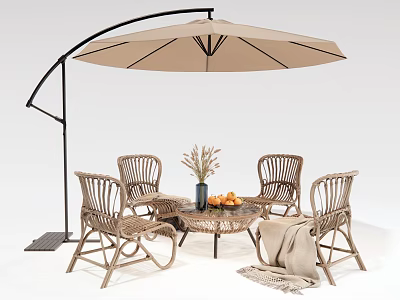 Rattan Outdoor Chairs With Patio Table And Large Umbrella For Lounge Area 3d model