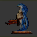 3D Game Movie Character With Blue Skin Potbellied Wielding Red Weapon Standing on Base