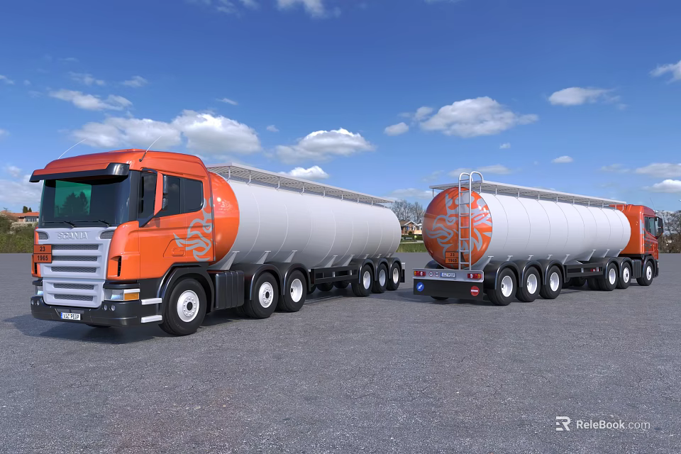 Two Orange Cab Tanker Trucks Parked On Gray Ground With Blue Sky White Clouds 3d model 