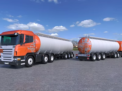 Two Orange Cab Tanker Trucks Parked On Gray Ground With Blue Sky White Clouds 3d model