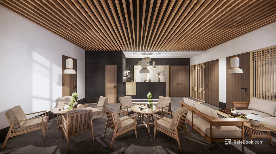 Elegant Hotel Mahjong Room Interior Design With Wooden Slat Ceiling Comfortable Chairs And Decorative Plants 3d model 