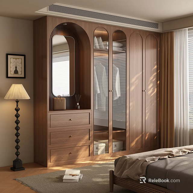 Wooden Wardrobe With Mirror Drawers And Open Shelves In Modern Bedroom 3d model 