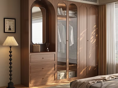 Wooden Wardrobe With Mirror Drawers And Open Shelves In Modern Bedroom 3d model