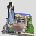 Cartoon Scenery With Various Buildings Sandy Beach Blue Water And Green Plants