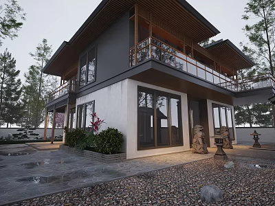 Traditional Ancient Building With Wooden Balcony Stone Lanterns And Green Plants Surrounded By Trees 3d model