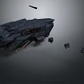 Massive Dark Interstellar Spacecraft In Space With Floating Debris And Red Module 3d model