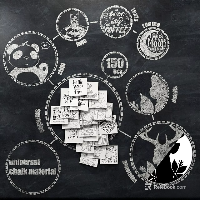 Chalkboard Art With Panda Moon Deer Head Notes 150 And Universal Chalk Material 3d model 