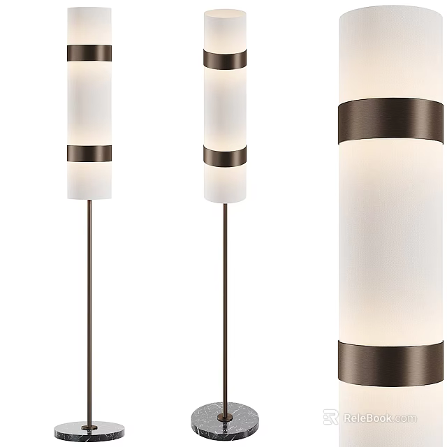 Modern Floor Lamp With White Cylindrical Shade And Dark Metal Accent Rings On Slim Stand 3d model 