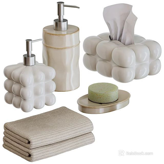 Ceramic Bathroom Daily Essentials Set With Soap Dispenser Tissue Box Soap Dish And Towel 3d model 