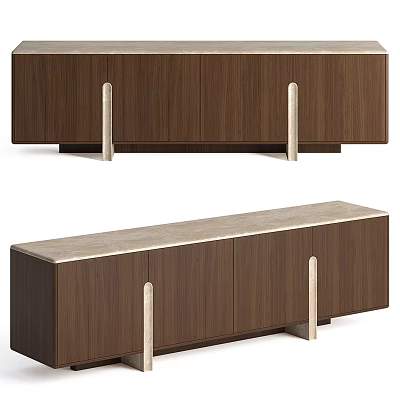 Modern Wooden TV Stand With Marble Top And Metal Handles Storage Cabinets 3d model