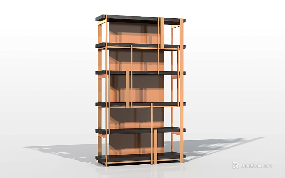 Modern Wooden Bookcase With Multiple Open Shelves And Black Frame Structure 3d model 