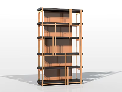 Modern Wooden Bookcase With Multiple Open Shelves And Black Frame Structure 3d model