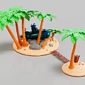 Cartoon Scene Featuring Green Palm Trees Orange Trunks Black Character Sand Stones And Wooden Bridge
