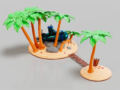 Cartoon Scene Featuring Green Palm Trees Orange Trunks Black Character Sand Stones And Wooden Bridge 3d model