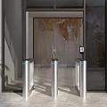 Public Facility Entrance Featuring Silver Turnstiles Access Control Device Green Plant And Textured Wall