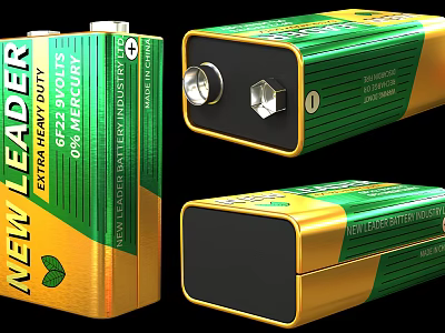 New Leader 9V Extra Heavy Duty Batteries With 1200mAh Green Yellow Design 3d model