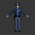 Man In Blue Police Uniform With Hat Standing Arms Outstretched On Gray Background