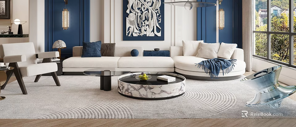 White Sofa And Round Marble Coffee Table Set With Blue Throw Pillows Blanket Fruit Books 3d model 