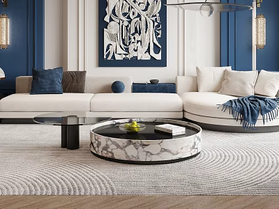 White Sofa And Round Marble Coffee Table Set With Blue Throw Pillows Blanket Fruit Books 3d model