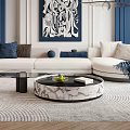 White Sofa And Round Marble Coffee Table Set With Blue Throw Pillows Blanket Fruit Books