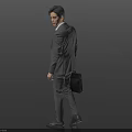 Businessman in Gray Suit Carrying Black Briefcase Standing Sideways on Gray Background