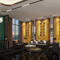 Elegant Hotel Lobby With Modern Lighting Sofa Seating And Decorative Wall Panels 3d model