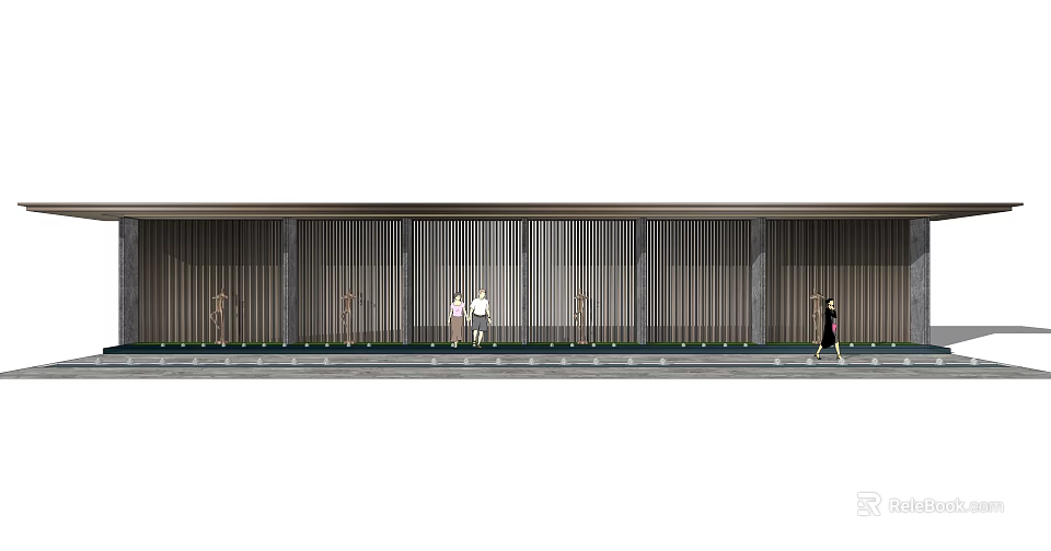 People Walking Under Pergola With Vertical Wooden Panels And Stone Columns 3d model 