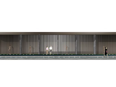 People Walking Under Pergola With Vertical Wooden Panels And Stone Columns 3d model
