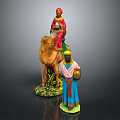 Painted Camel Figurine on Grassy Base with Person Riding and Standing Figure Holding Water Jug