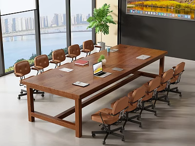 Wooden Conference Table with Office Chairs Large Windows City View Potted Plant Digital Screen 3d model