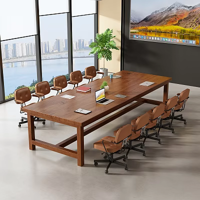 Wooden Conference Table with Office Chairs Large Windows City View Potted Plant Digital Screen 3d model