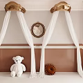 Elegant White Bed Canopy With Golden Crown Tops Round Mirror And White Teddy Bear