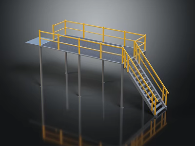 Metal Industrial Platform Structure With Yellow Railings Staircase And Support Columns 3d model