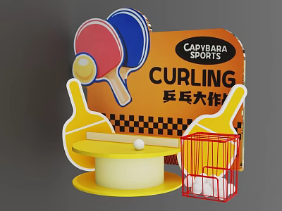 Interactive Sports Zone Setup With Curling Table Tennis Paddles Balls And Equipment 3d model