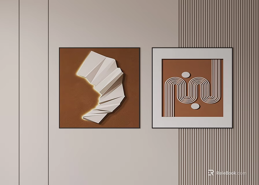 Abstract Paintings With Origami Shape And Geometric Patterns On Framed Light Colored Striped Wall 3d model