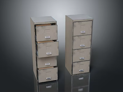 Two Metal Filing Cabinets With Multiple Drawers And Grey Finish On Reflective Surface 3d model