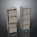 Two Metal Filing Cabinets With Multiple Drawers And Grey Finish On Reflective Surface