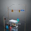Urban Street Setup With Traffic Lights Cedar Sign Bench Trash Can Fire Hydrant Street Lights