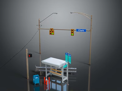 Urban Street Setup With Traffic Lights Cedar Sign Bench Trash Can Fire Hydrant Street Lights 3d model