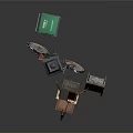 Wooden Outdoor Chair With Small Chalkboard Green Trash Bin And Lamp Post